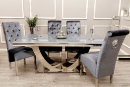 Arial Dining Table in Grey Glass with 4 Emma Grey Shimmer Chairs
