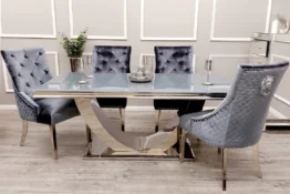 Arial Dining Table in Grey Glass with 4 Bentley Grey Shimmer Chairs